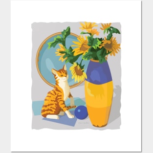 Cat and Sunflowers Posters and Art